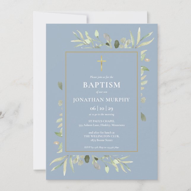 Dusty Blue Botanical Greenery Boy Baptism Invitation (Front)