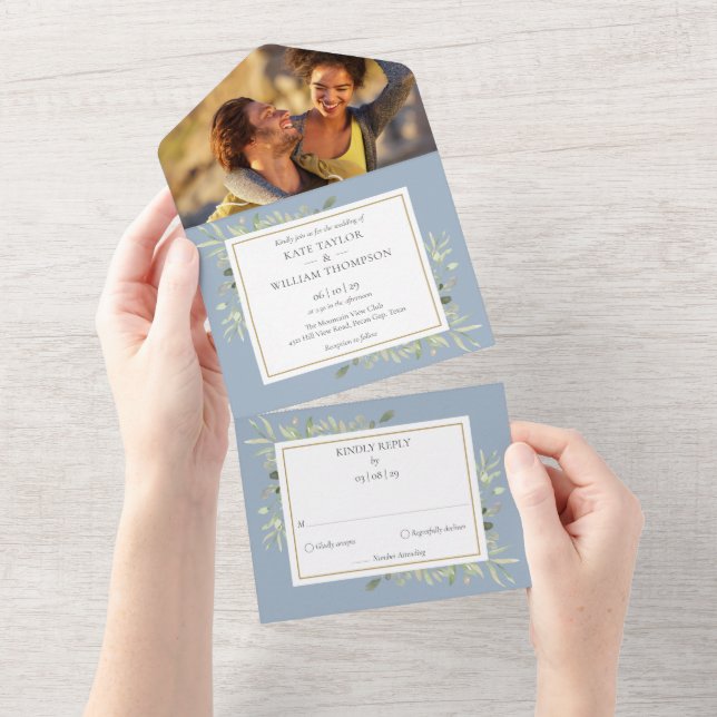 Dusty Blue Botanical Greenery Leaves Photo Wedding All In One Invitation (Tearaway)