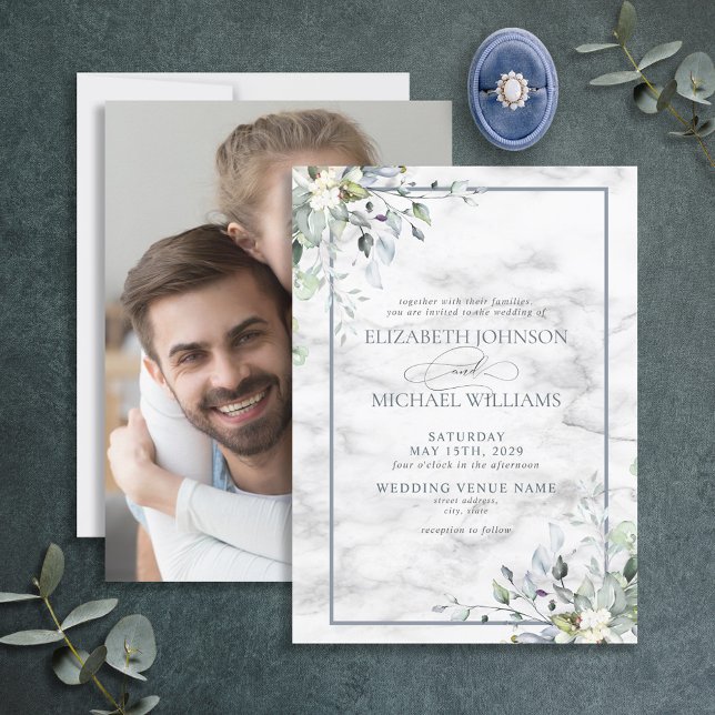 Dusty Blue Botanical Greenery Marble Photo Wedding Invitation (Creator Uploaded)