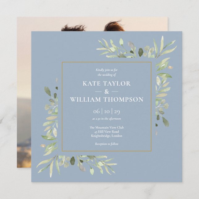 Dusty Blue Botanical Greenery Photo Wedding Invitation (Front/Back)