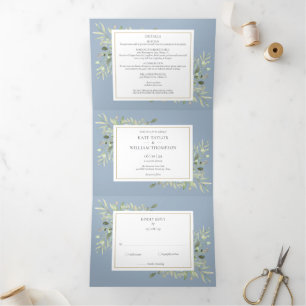 Dusty Blue Botanical Greenery Photo Wedding Tri-Fold Invitation