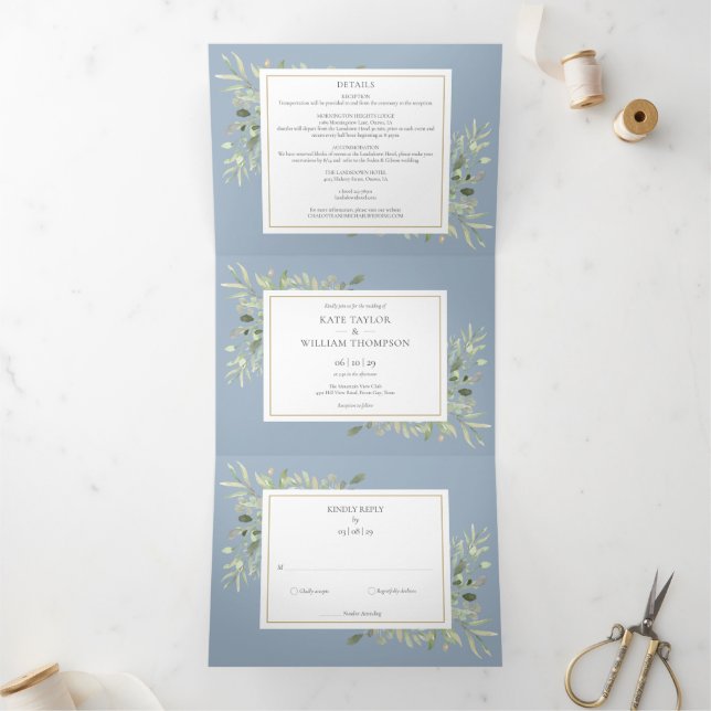 Dusty Blue Botanical Greenery Photo Wedding Tri-Fold Invitation (Inside)