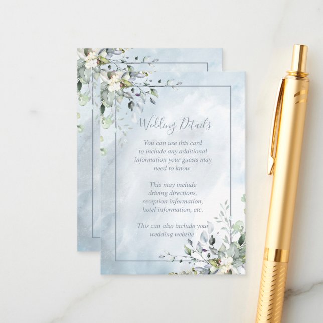 Dusty Blue Botanical Greenery Watercolor Details Enclosure Card (Front/Back In Situ)