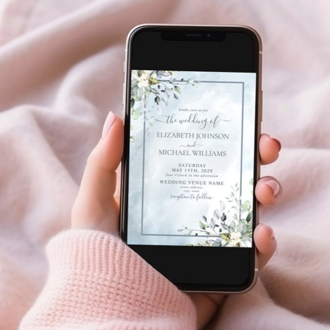 Dusty Blue Botanical Greenery Watercolor Photo Invitation (Creator Uploaded)