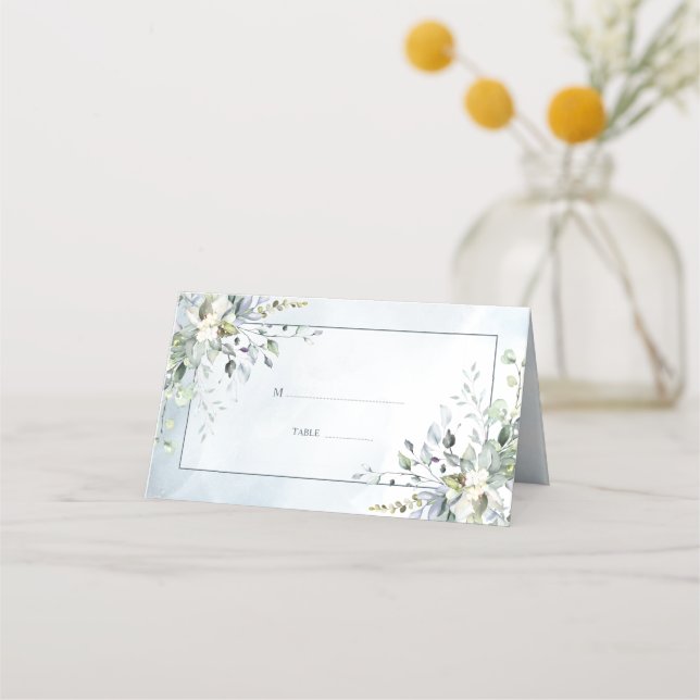 Dusty Blue Botanical Greenery Watercolor Place Card (Front)