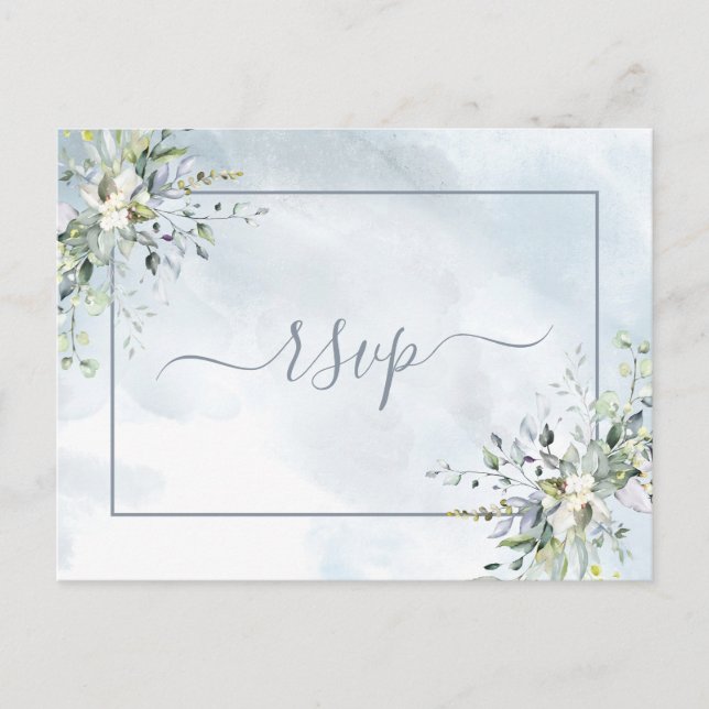Dusty Blue Botanical Greenery Watercolor RSVP Invitation Postcard (Front)