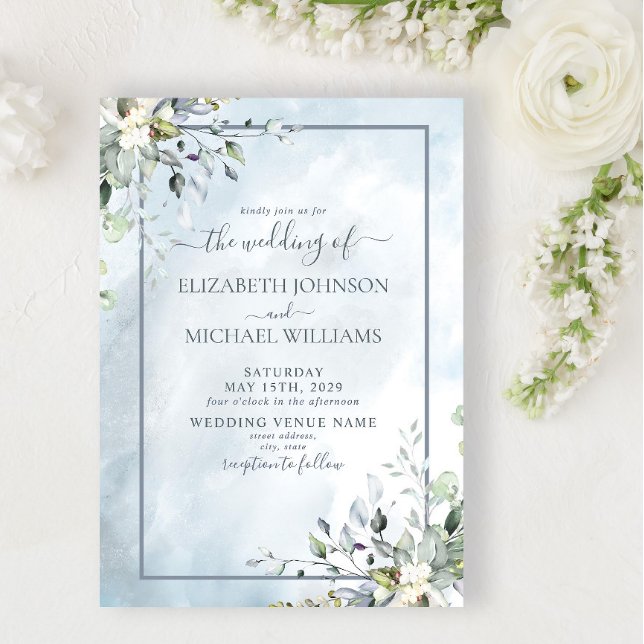 Dusty Blue Botanical Greenery Watercolor Script Invitation (Creator Uploaded)