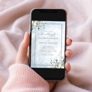 Dusty Blue Botanical Greenery Watercolor Script Invitation