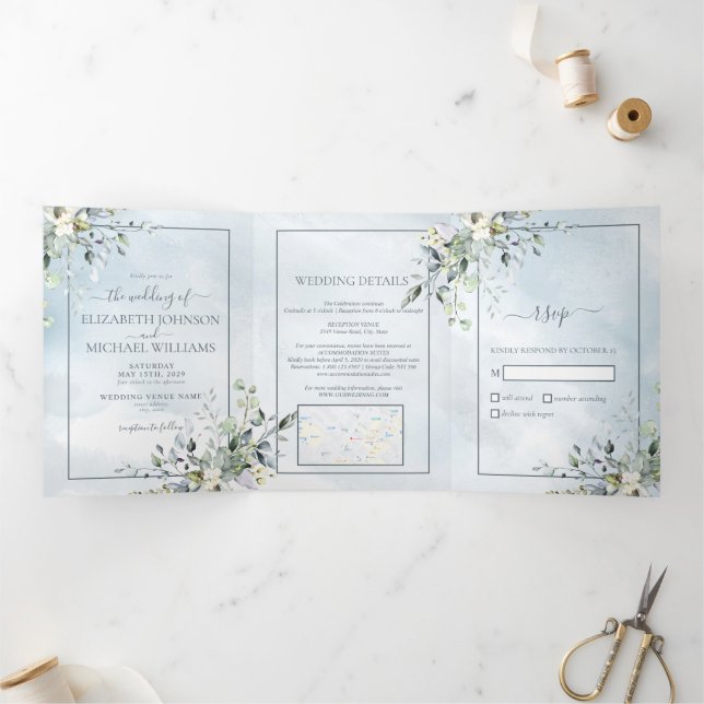 Dusty Blue Botanical Greenery Watercolor Script Tri-Fold Invitation (Inside)