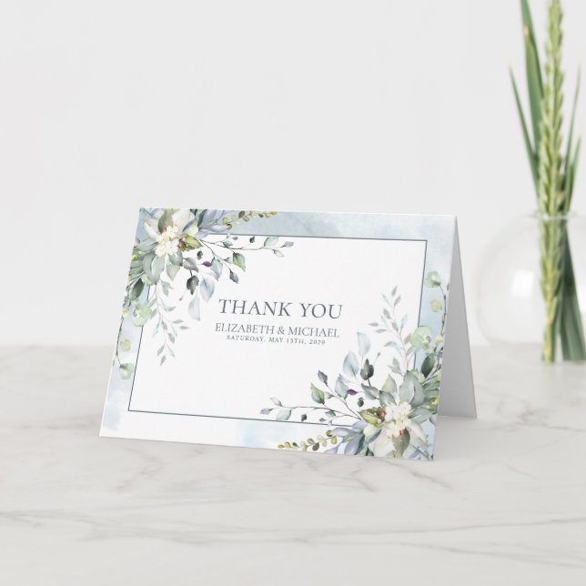 Dusty Blue Botanical Greenery Watercolor Thank You Card (Front)
