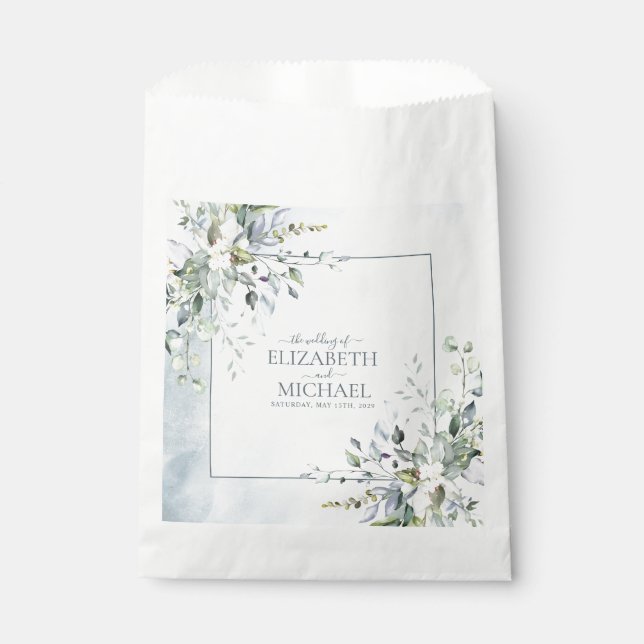Dusty Blue Botanical Greenery Watercolor Wedding Favour Bags (Front)