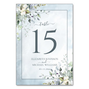 Dusty Blue Botanical Greenery Watercolor Wedding Table Number