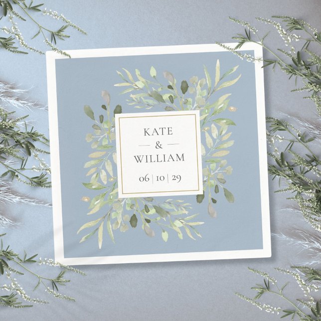 Dusty Blue Botanical Greenery Wedding Napkin (Dusty Blue Botanical Greenery Wedding Napkins)