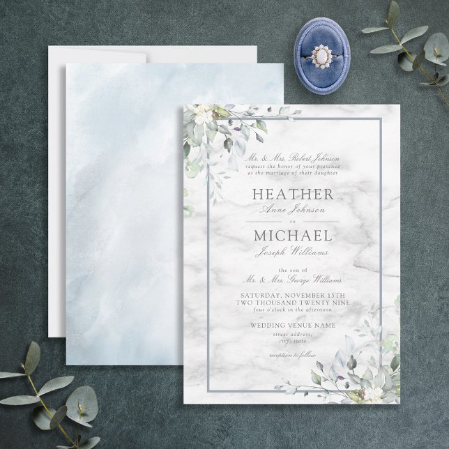 Dusty Blue Botanical Greenery White Marble Wedding Invitation (Creator Uploaded)