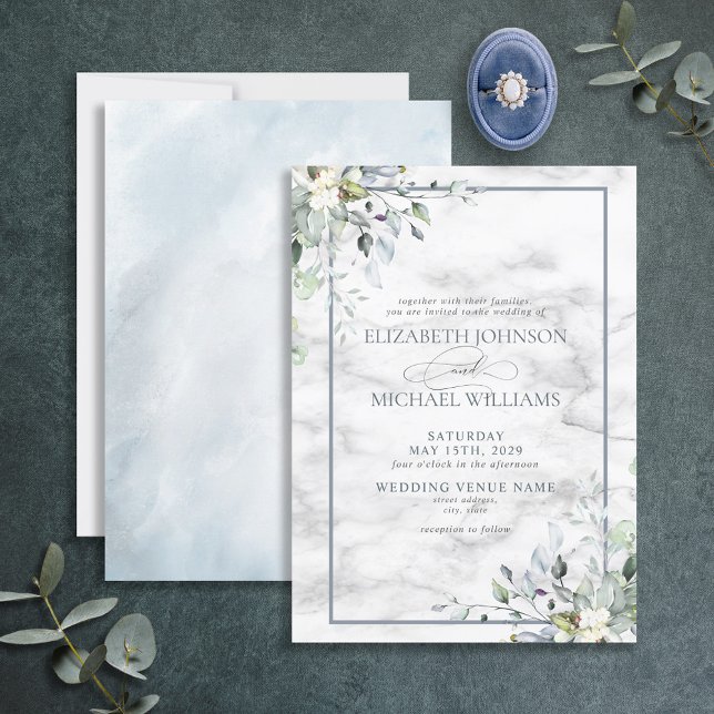 Dusty Blue Botanical Greenery White Marble Wedding Invitation (Creator Uploaded)