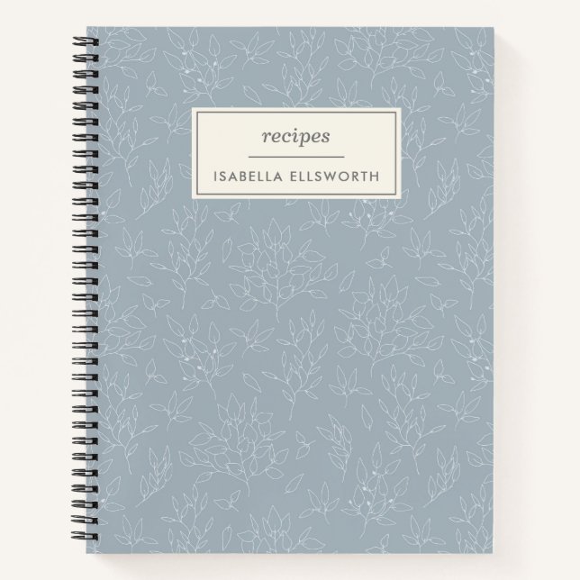 Dusty Blue Botanical Line Art Personalised Recipe Notebook (Front)