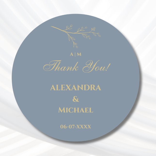 Dusty Blue Botanical Minimalist Wedding Thank You Classic Round Sticker (Creator Uploaded)