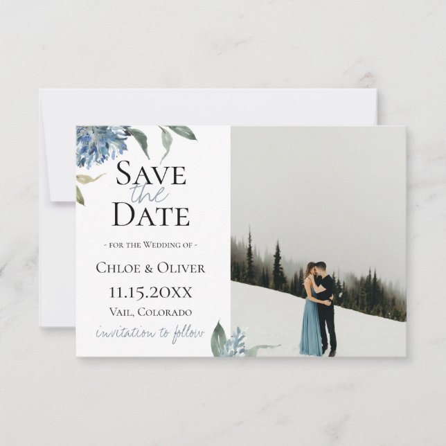 Dusty Blue Botanical Photo Save The Date Announcement (Front)