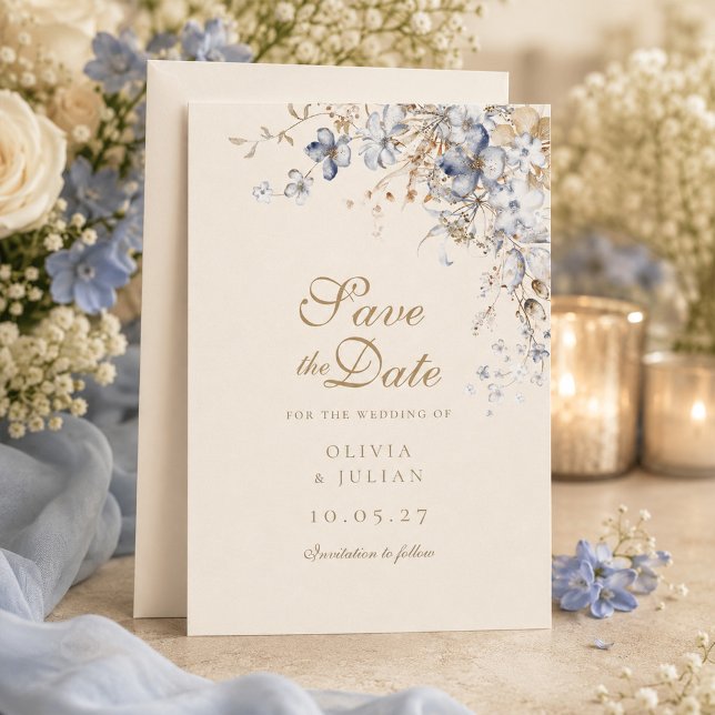 Dusty Blue Botanical Save the Date Card (Dusty Blue Botanical Save the Date Card)