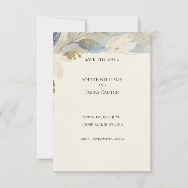 Dusty Blue Botanical Save The Date Card (Front)