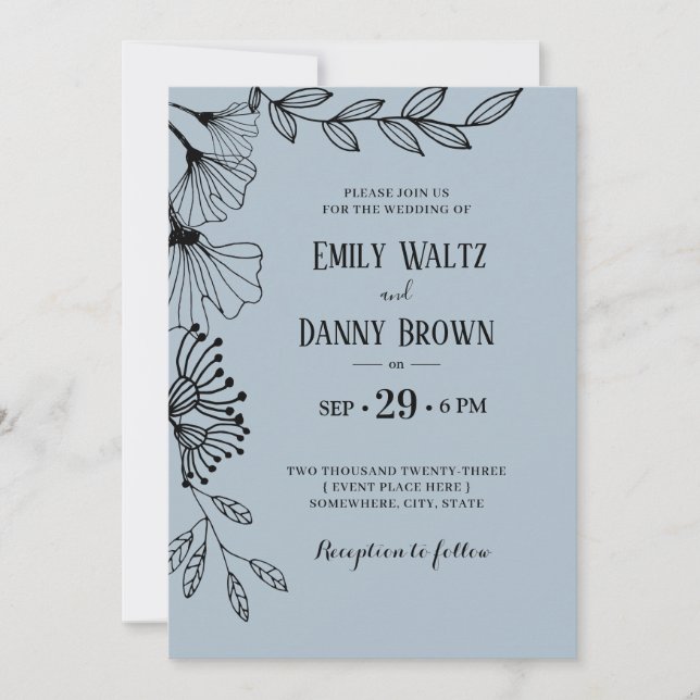 Dusty Blue Botanical Simple Doodle Floral Wedding  Invitation (Front)