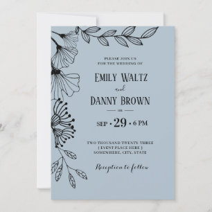 Dusty Blue Botanical Simple Doodle Floral Wedding  Invitation