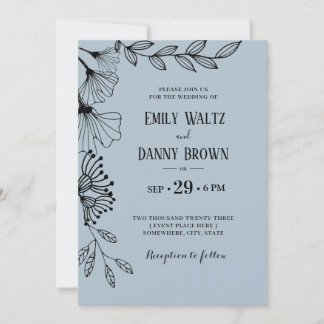 Dusty Blue Botanical Simple Doodle Floral Wedding Invitation