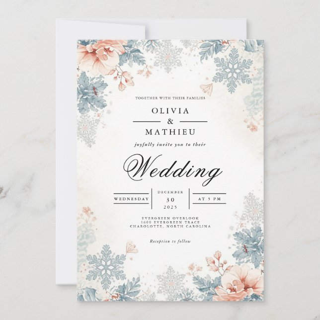 Dusty Blue Botanical Snowflake Wedding Invitation (Front)