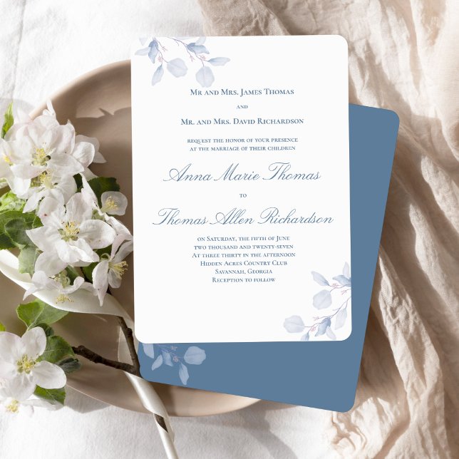 Dusty Blue Botanical Traditional Wedding Invite (Dusty blue botanical wedding invitation with both families hosting and classic wording.)