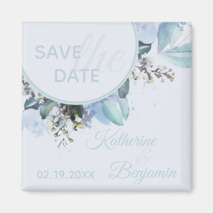 Dusty Blue Botanical Watercolor Save The Date Magnet
