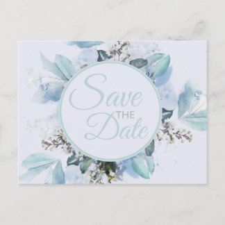 Dusty Blue Botanical Watercolor Save The Date Postcard