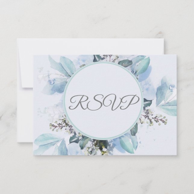Dusty Blue Botanical Watercolor Wedding RSVP Card (Front)