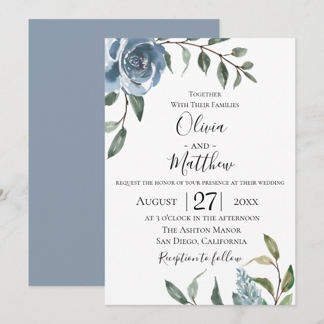 Dusty Blue Botanical Wedding Invitation (Front/Back)