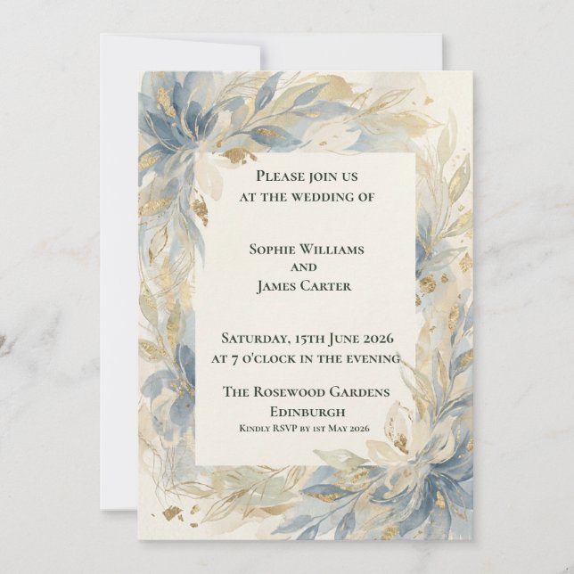 Dusty Blue Botanical Wedding Invitation (Front)