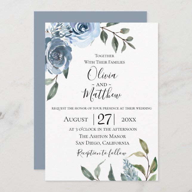 Dusty Blue Botanical Wedding Invitation (Front/Back)
