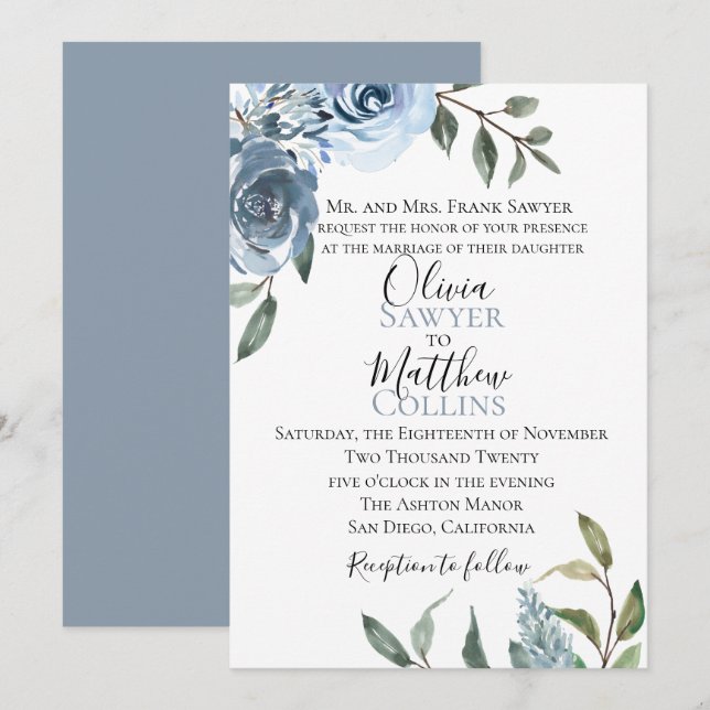 Dusty Blue Botanical Wedding Invitation (Front/Back)