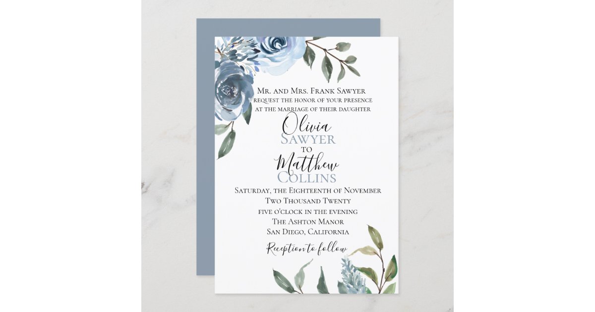 Dusty Blue Botanical Wedding Invitation Zazzle.co.uk