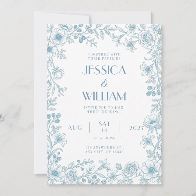 Dusty Blue Botanical Wedding Invitation (Front)