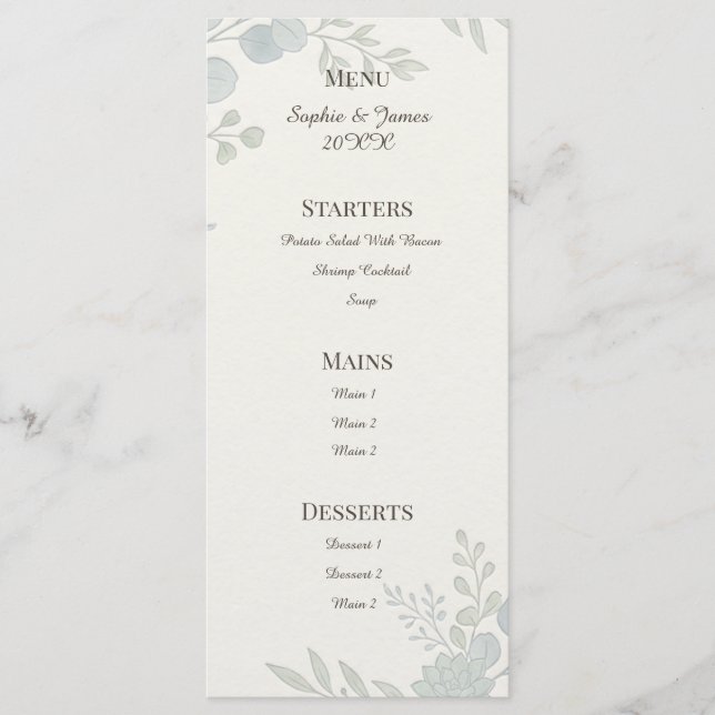 Dusty Blue Botanical Wedding Menu (Front)
