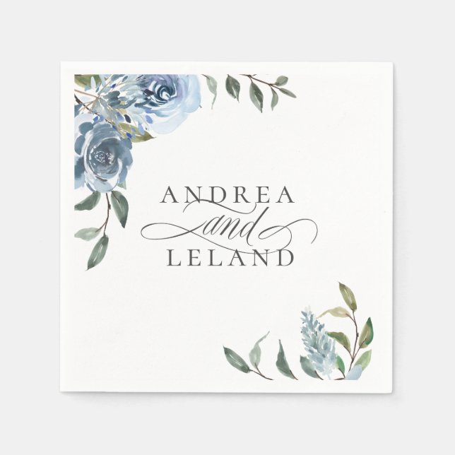 Dusty Blue Botanical Wedding Napkin (Front)