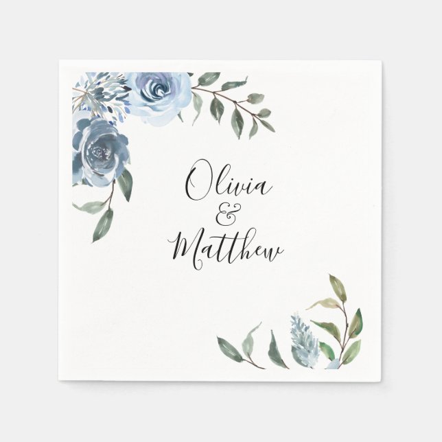 Dusty Blue Botanical Wedding Napkin (Front)
