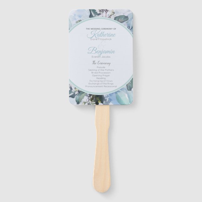 Dusty Blue Botanical Wedding Program Hand Fan (Front)