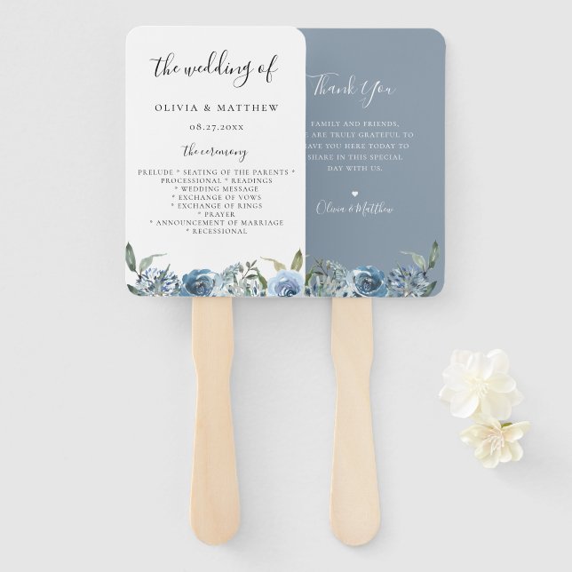 Dusty Blue Botanical Wedding Program Hand Fan (Front and Back)