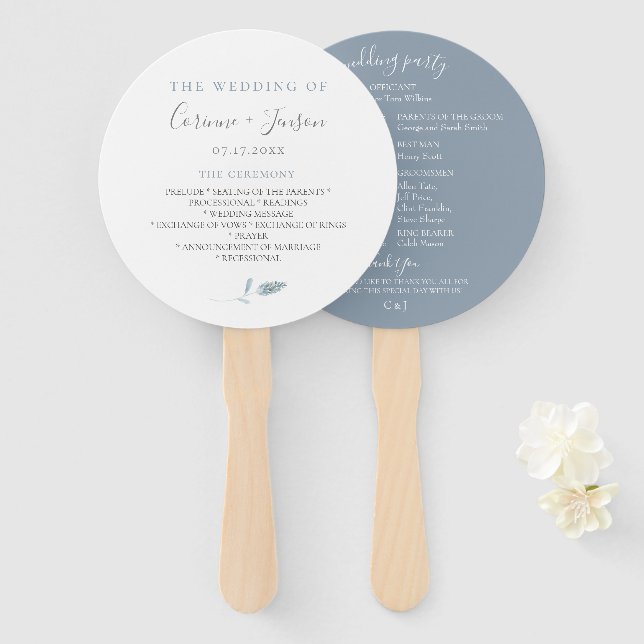 Dusty Blue Botanical Wedding Program Hand Fans (Front and Back)