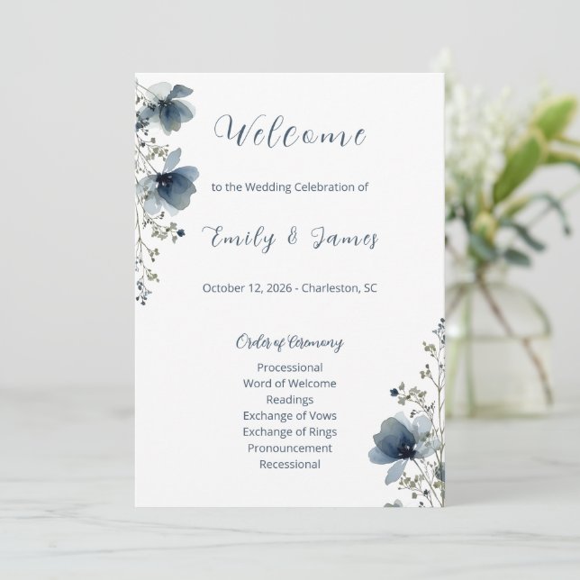 Dusty Blue Botanical Wedding Programme (Standing Front)