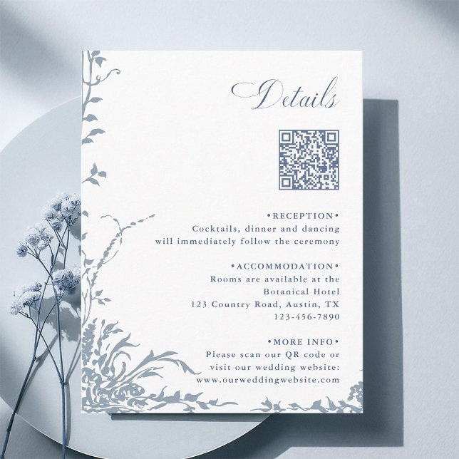 Dusty Blue Botanical Wedding QR Code Details Enclosure Card (Creator Uploaded)