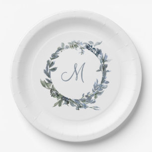 Dusty Blue Botanical Wreath Elegant Monogram Paper Plate