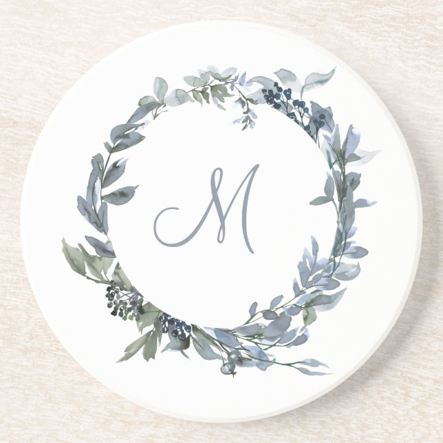 Dusty Blue Botanical Wreath Monogram Coaster (Front)