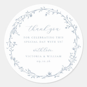 Dusty Blue Botanical Wreath Wedding Favour Classic Round Sticker