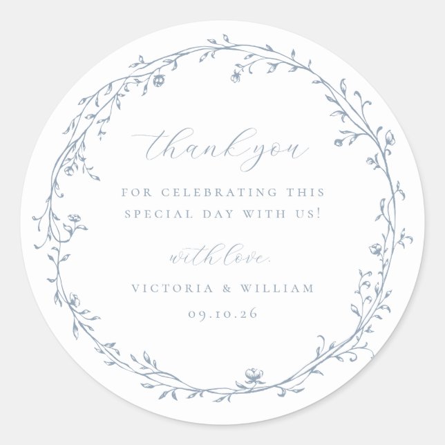 Dusty Blue Botanical Wreath Wedding Favour Classic Round Sticker (Front)